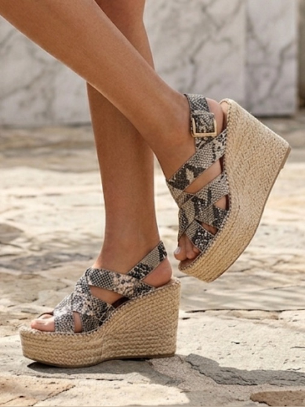 Marc Fisher Platform Espadrille Wedge Leather Snakeskin Sandals Size 6 - Picture 3 of 14